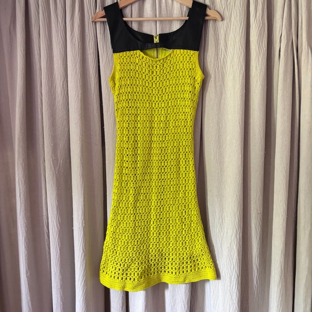 Gianni Bini Neon Yellow Crochet Faux Leather Dress Size Medium 90s Rave Clubbing